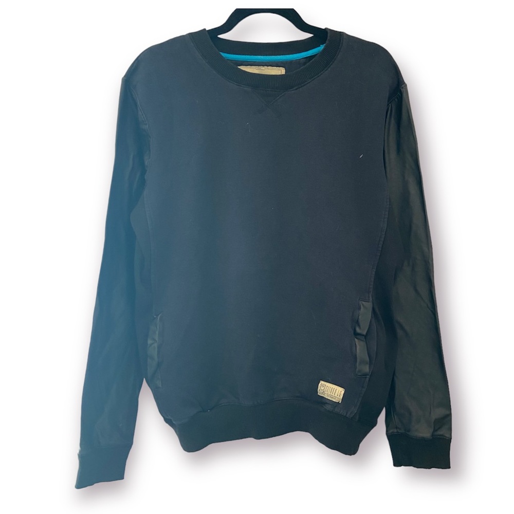 ENTREE LS Men’s Mixed Media Sweatshirt Black Faux Leather Pullover Small